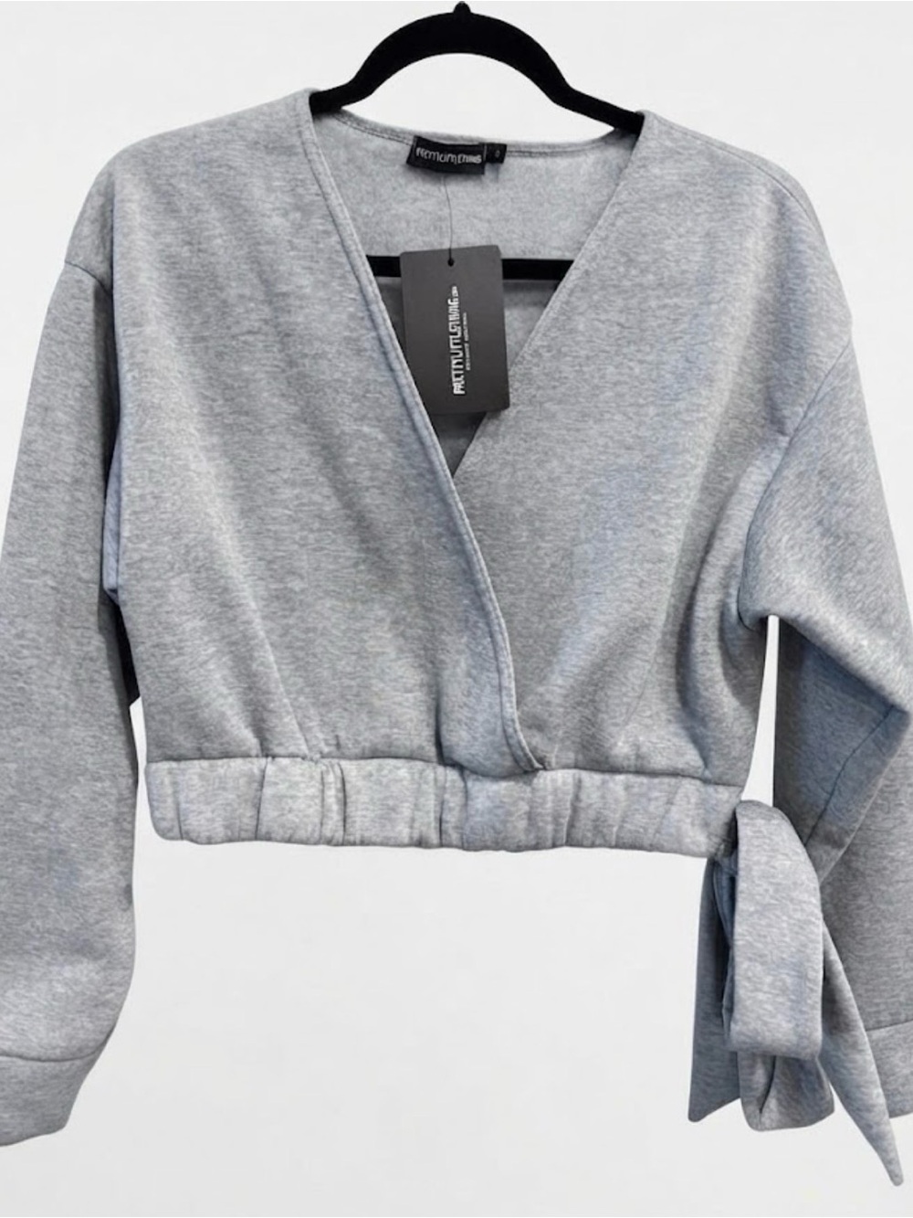 PrettyLittleThing Light Gray Wrap Cropped V‑Neck Sweater